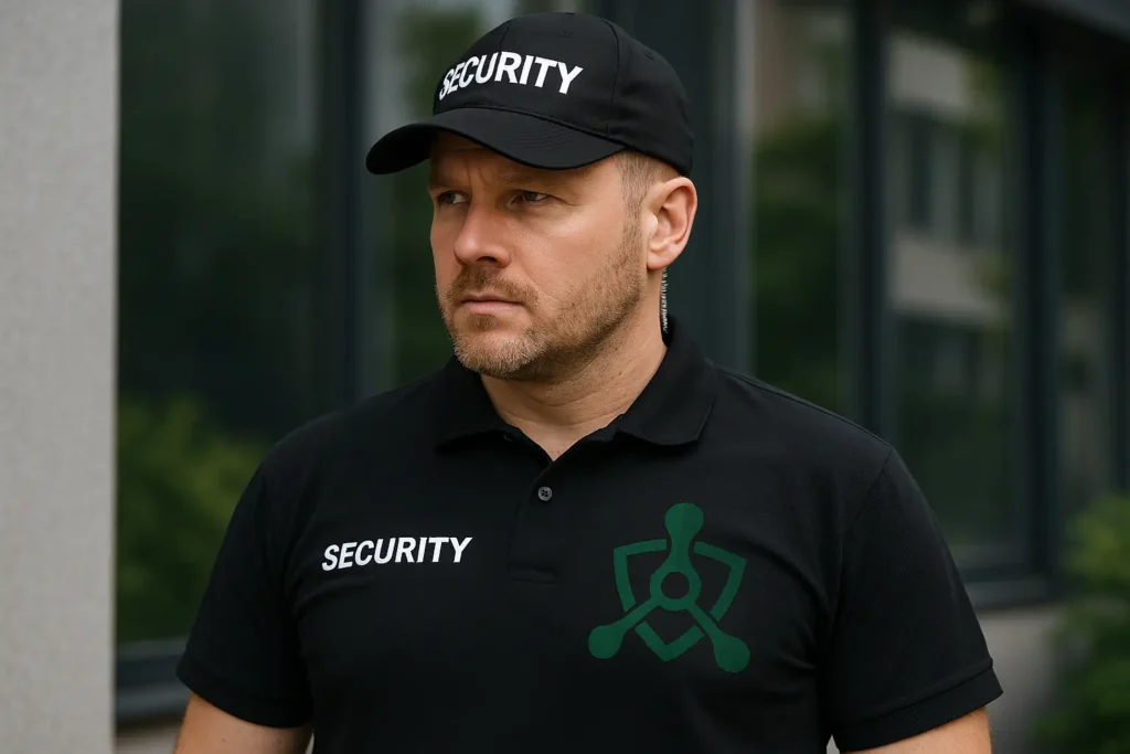 Ochroniarz w mundurze z logo Trinity Guard – system kontroli obchodów z AI, GPS i QR