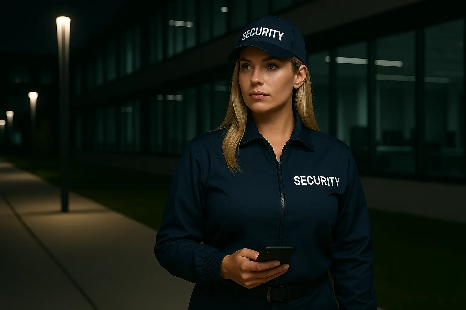 Profesjonalna polska pracowniczka ochrony z systemem kontroli obchodów Trinity Guard, zdjęcie nocą podczas patrolu.