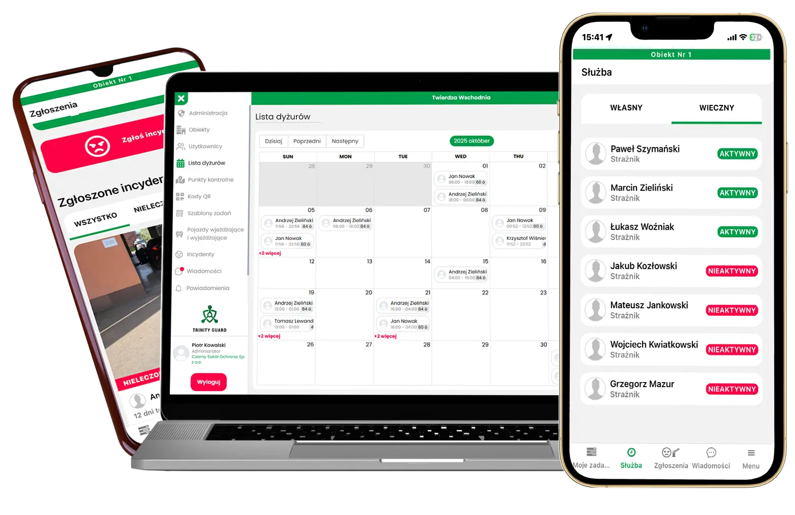 Panel administracyjny Trinity Guard na laptopie i smartfonie – system kontroli obchodów i zarządzania ochroną