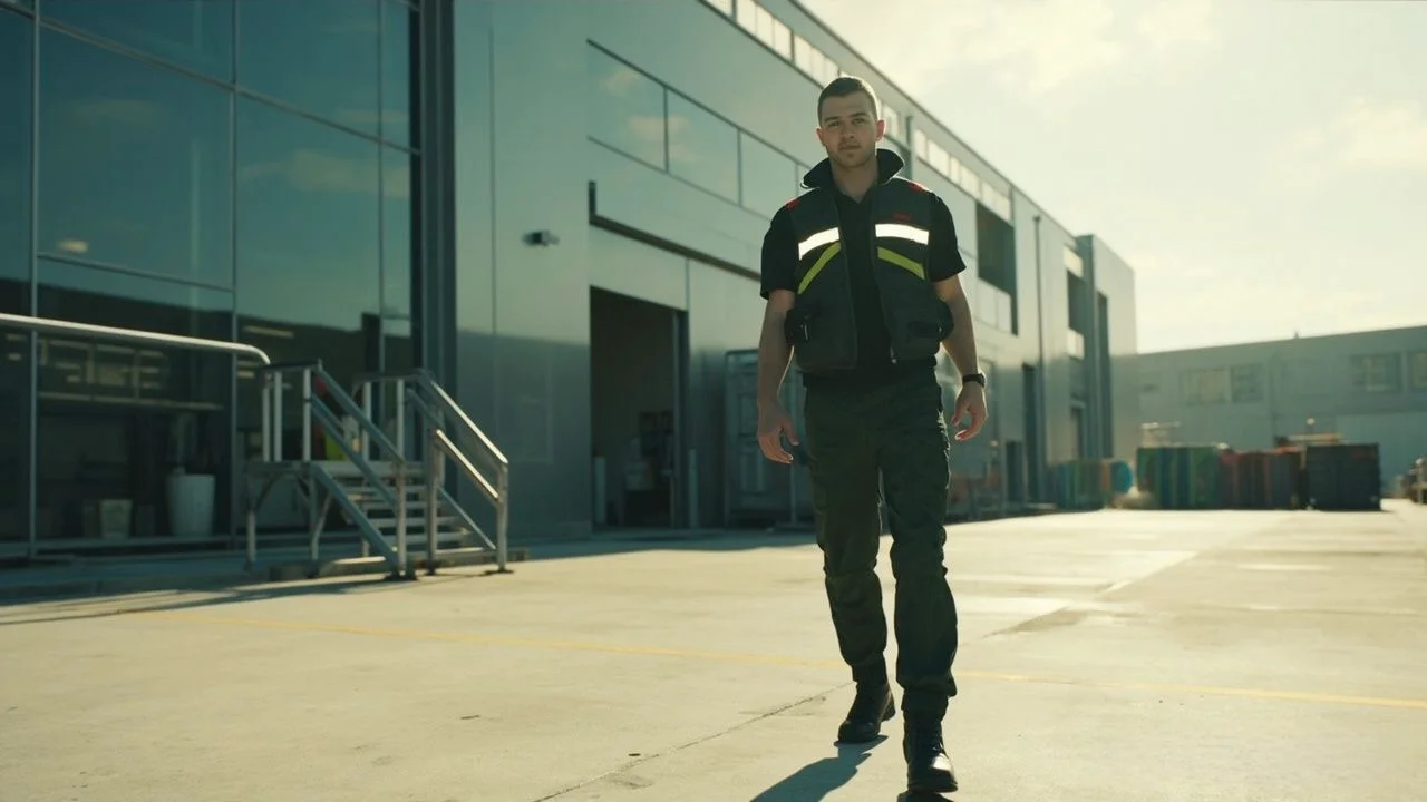 Polscy pracownicy ochrony podczas nocnego patrolu na terenie przemysłowym w Polsce