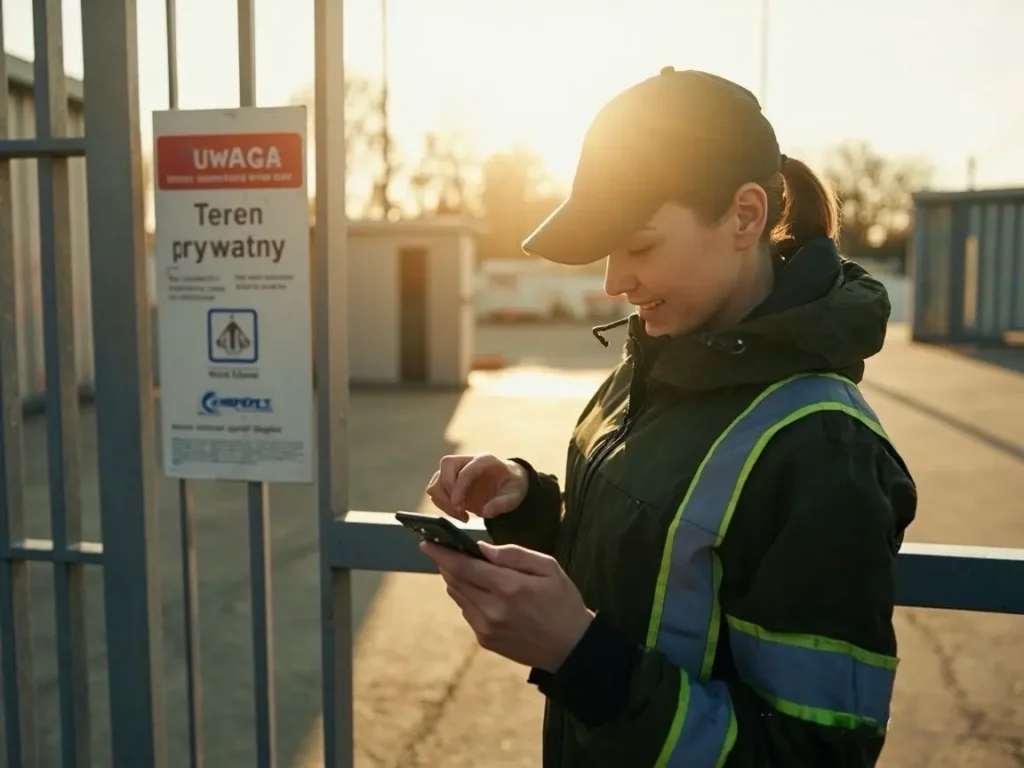 Pracowniczka ochrony przy bramie obiektu sprawdza trasę obchodu w aplikacji Trinity Guard