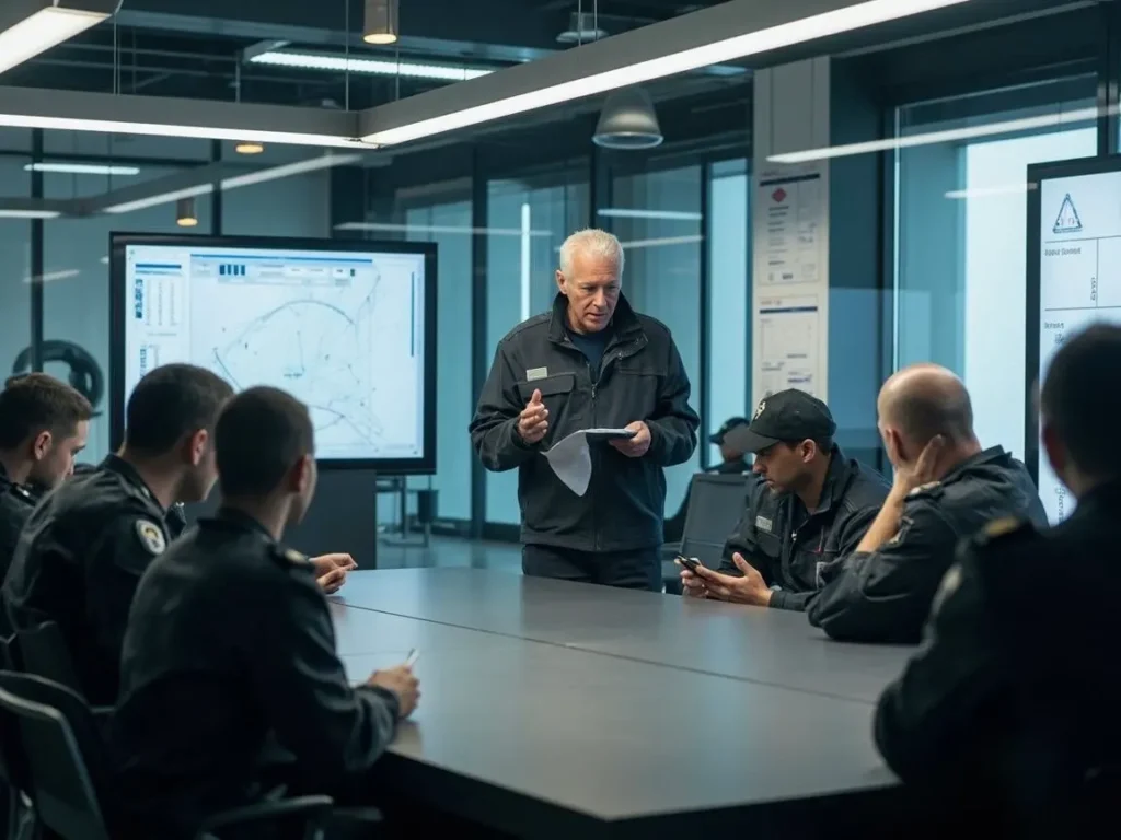 Koordynator ochrony prowadzi odprawę, analizując w panelu Trinity Guard trasy obchodów i punkty GPS dla zespołu ochroniarzy.