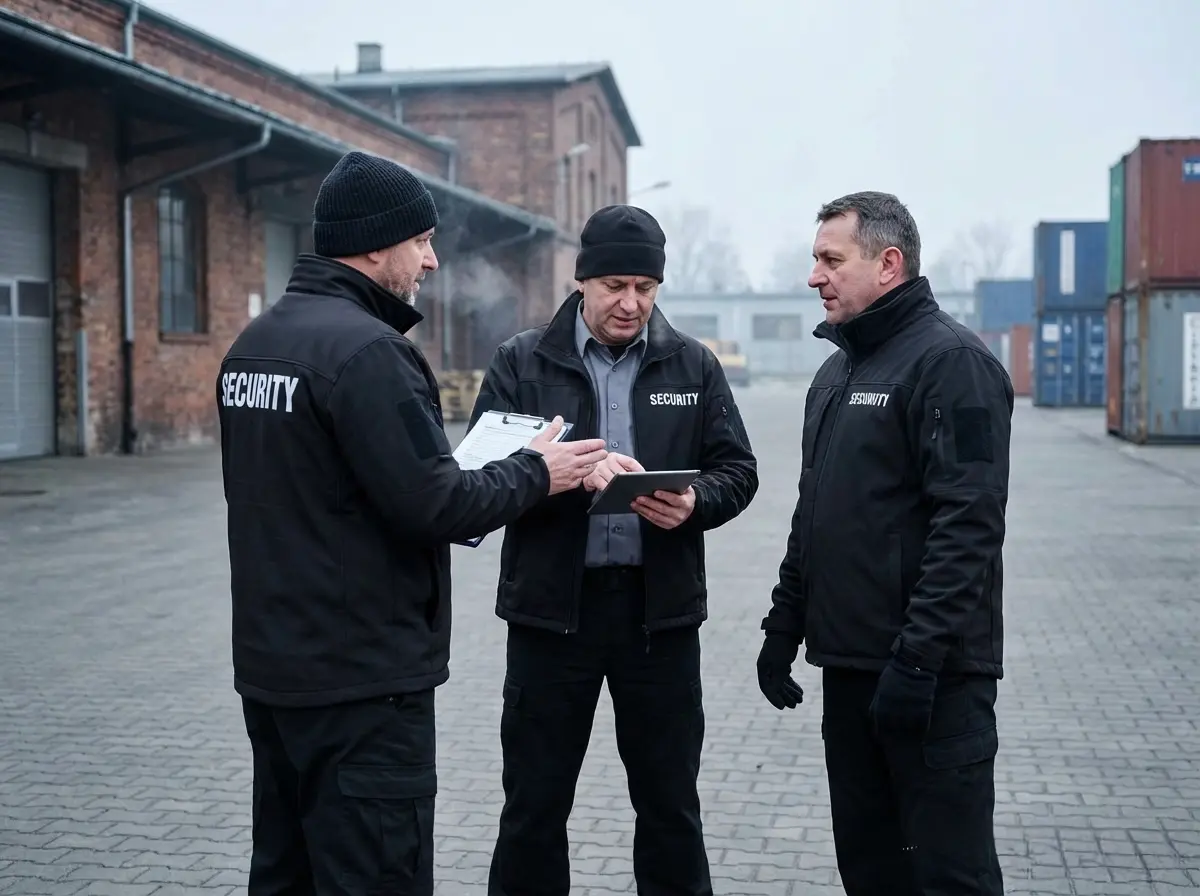 Polski wartownik korzysta z aplikacji Trinity Guard podczas patrolu obiektu – widok na żywo w panelu www.